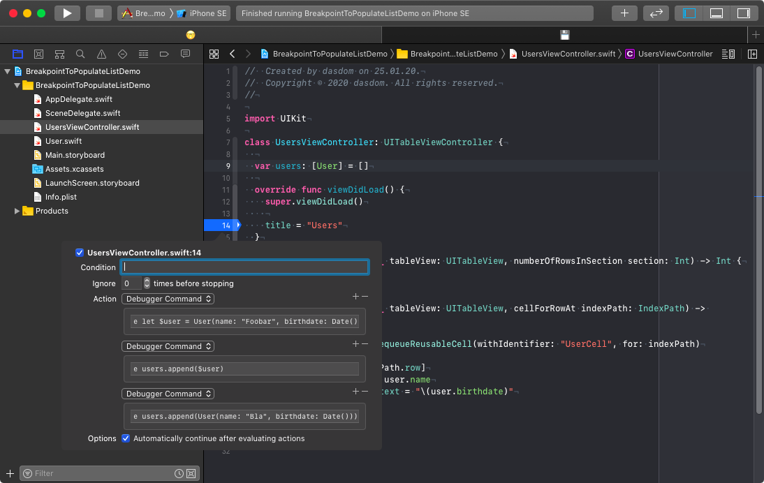 Using breakpoints to populate with demo data